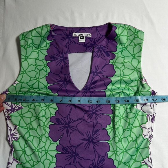 Rulon Reed Morgan Maxi Dress XS Green Purple Hibiscus Belt Sheath Resort - Picture 13 of 15